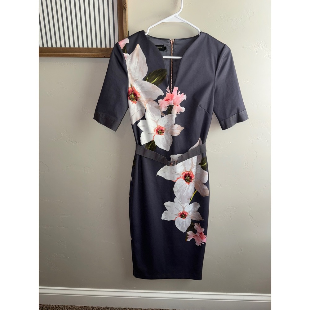 Ted Baker London Bisslee Floral Sheath Dress Gray Rose Gold Zip Size 1 US 4 - Picture 2 of 9